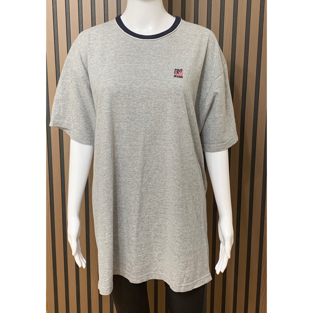 Polo Jeans Co Ralph Lauren Gray Ringer T-Shirt Embroidered Flag Logo Men's L